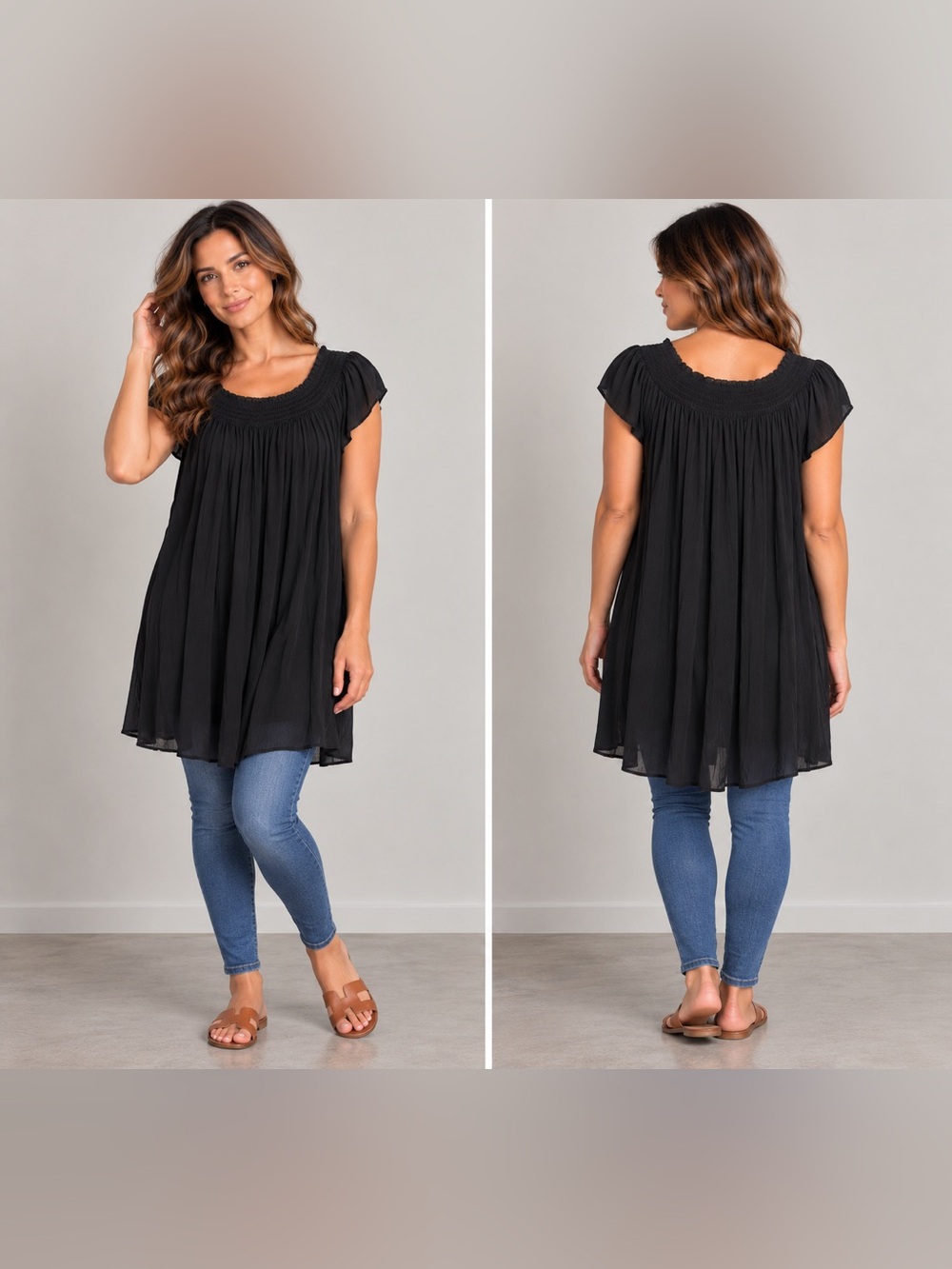 Talula Aritzia Black Crinkle Smocked Tunic Top Mini Dress S